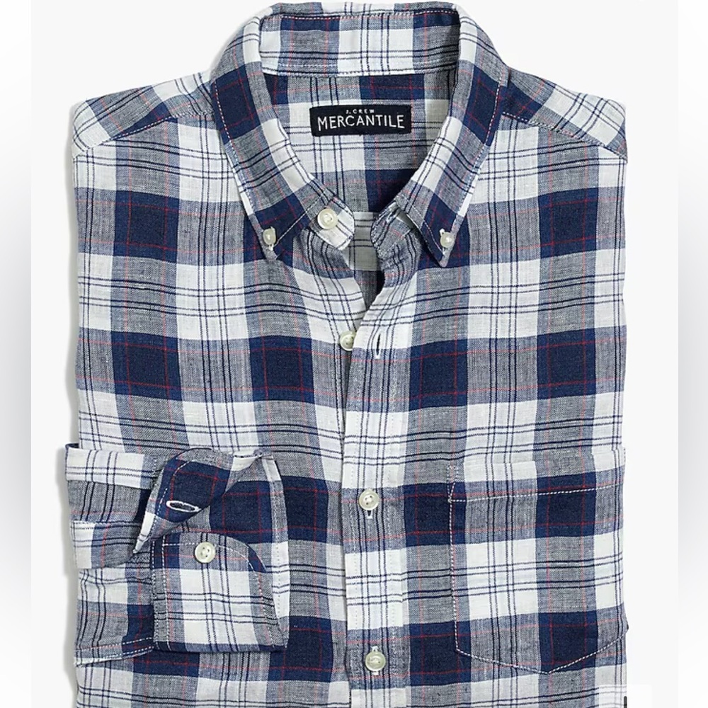 J Crew Mercantile Mens Medium 100% Linen Plaid Button Down Shirt Blue Slim Fit